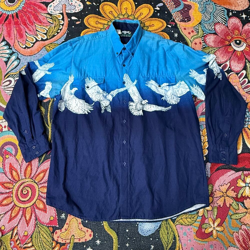 Vintage 80s 90s Roper Blue Eagle Cotton Button Up Shirt Cowboy Western Rodeo XL